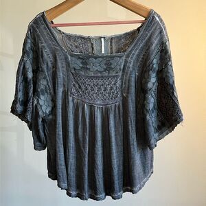 Free People Gray Distressed Flowy Top Lace Wide Short Sleeves Size S